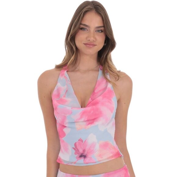Lucy in the Sky Tops - LUCY IN THE SKY BLUE AND PINK FLORAL COWL NECK TOP
